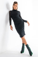 KEEP IT LOW KEY LONG SLEEVE MIDI RUCHED DRESS