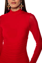 KEEP IT LOW KEY LONG SLEEVE MIDI RUCHED DRESS