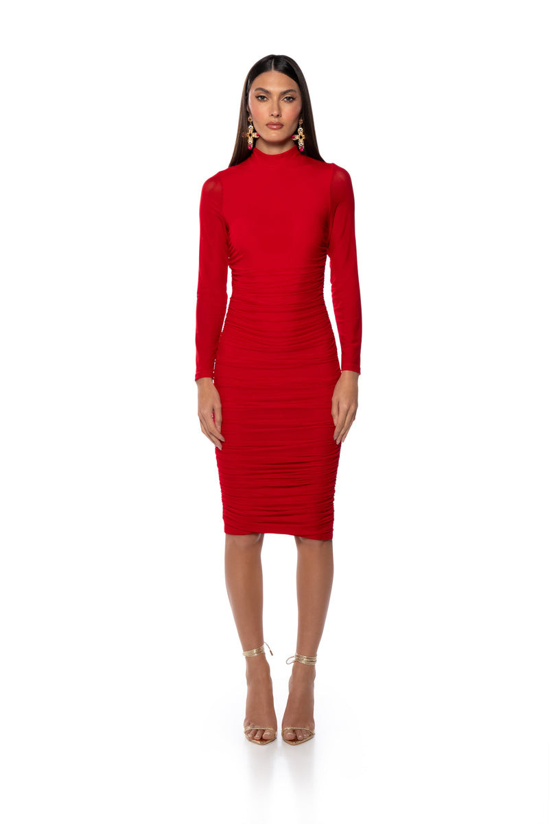 KEEP IT LOW KEY LONG SLEEVE MIDI RUCHED DRESS