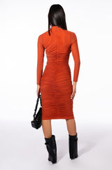 KEEP IT LOW KEY LONG SLEEVE MIDI RUCHED DRESS