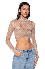 KEEP ME BODIED EMBELLISHED HIGH NECK CROP TOP IN BEIGE MULTI