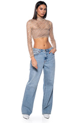 KEEP ME BODIED EMBELLISHED HIGH NECK CROP TOP IN BEIGE MULTI