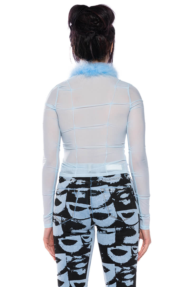 KEEP MY ATTENTION FEATHER DETAIL MESH TOP