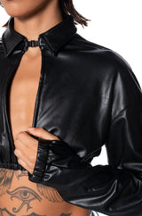 KEEP UP FAUX LEATHER COLLARED CROPPED SHIRT