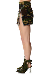 KELLY CAMO PRINT WRAP WAIST MINI SKIRT