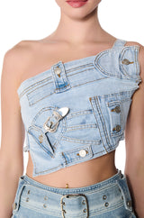 KENLY BUCKLE DETAIL DENIM CROP TOP