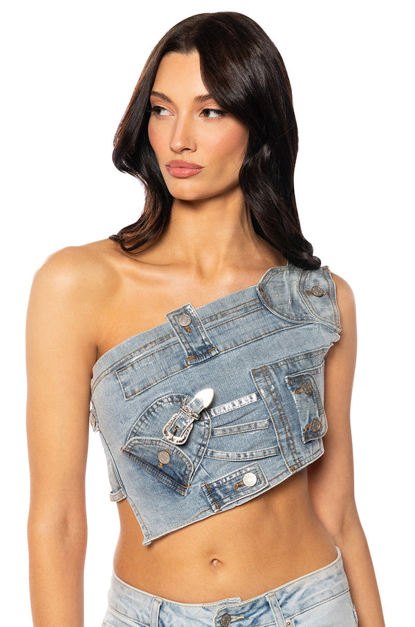 KENLY BUCKLE DETAIL METALLIC DENIM CROP TOP