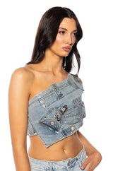 KENLY BUCKLE DETAIL METALLIC DENIM CROP TOP