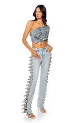 KENLY BUCKLE DETAIL METALLIC DENIM CROP TOP