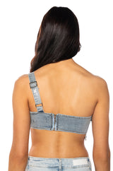 KENLY BUCKLE DETAIL METALLIC DENIM CROP TOP