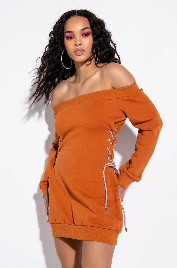 KILL EM WITH KINDNESS OFF THE SHOULDER MINI DRESS