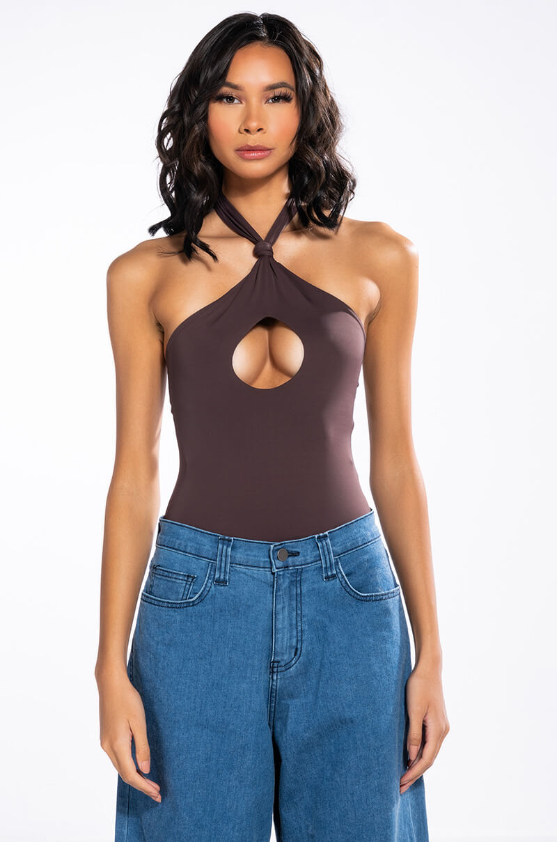 KNOT IN THE MOOD SLEEVELESS CUTOUT HALTER BODYSUIT