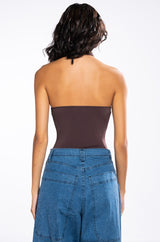 KNOT IN THE MOOD SLEEVELESS CUTOUT HALTER BODYSUIT