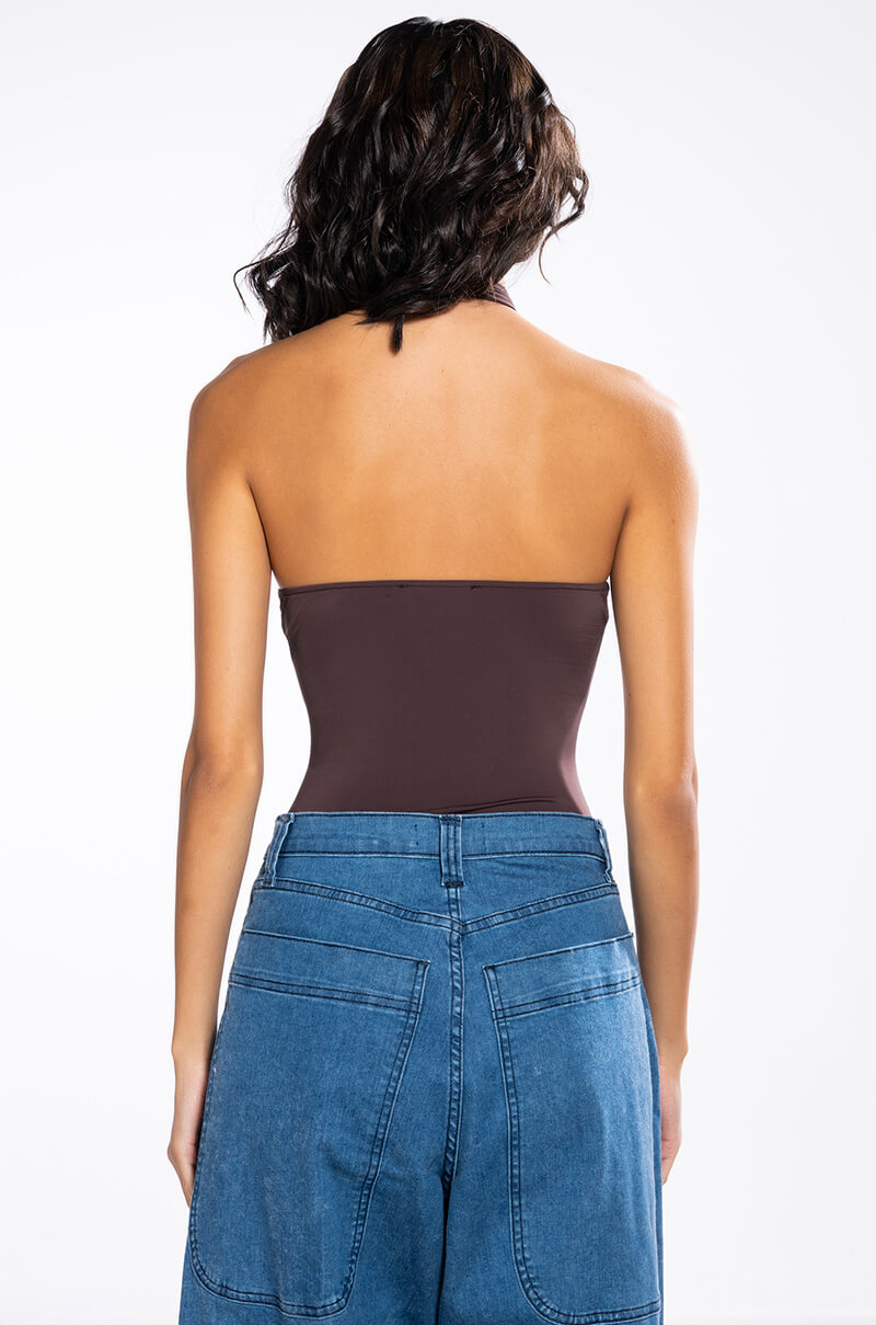 KNOT IN THE MOOD SLEEVELESS CUTOUT HALTER BODYSUIT