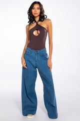 KNOT IN THE MOOD SLEEVELESS CUTOUT HALTER BODYSUIT