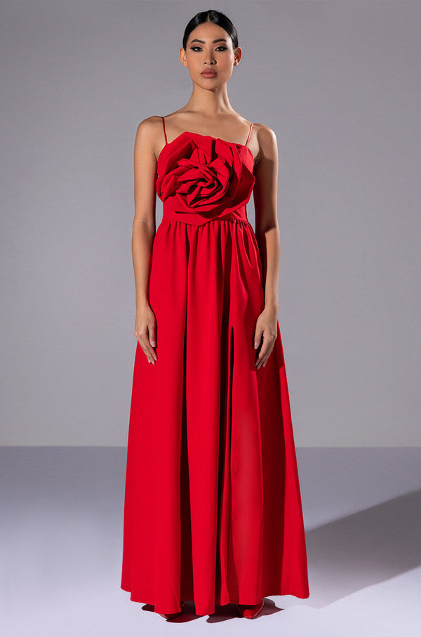 LA FLOR MAXI 3D ROSE DRESS WITH SLIT