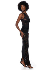 MESH FLORAL ONE SHOULDER MIDI RUCHED DRESS