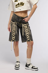 LACE ME UP DENIM BERMUDA SHORTS