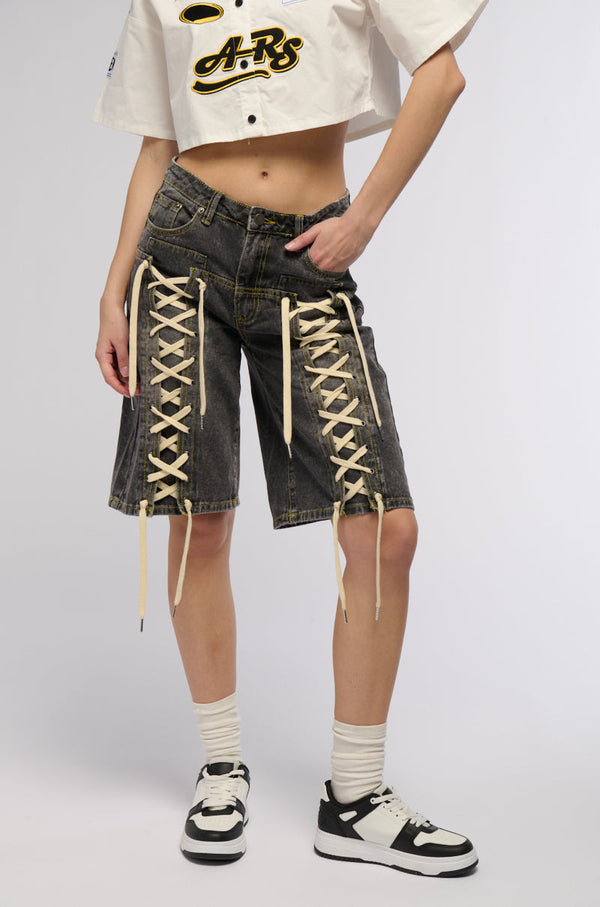 LACE ME UP DENIM BERMUDA SHORTS