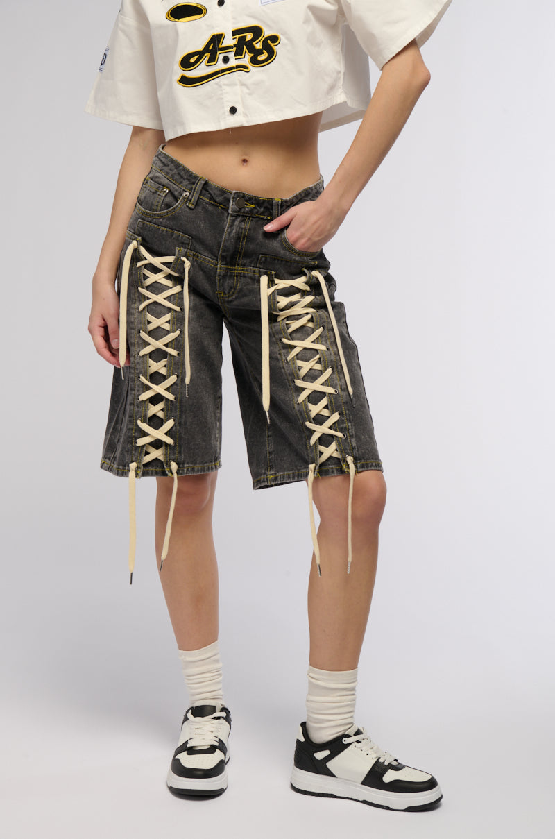 LACE ME UP DENIM BERMUDA SHORTS