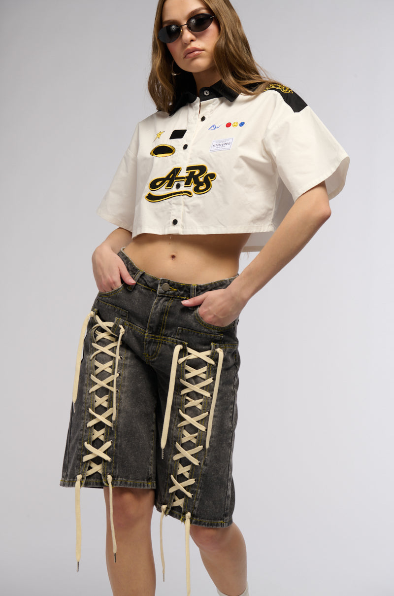 LACE ME UP DENIM BERMUDA SHORTS