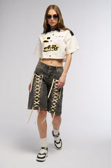 LACE ME UP DENIM BERMUDA SHORTS