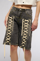 LACE ME UP DENIM BERMUDA SHORTS