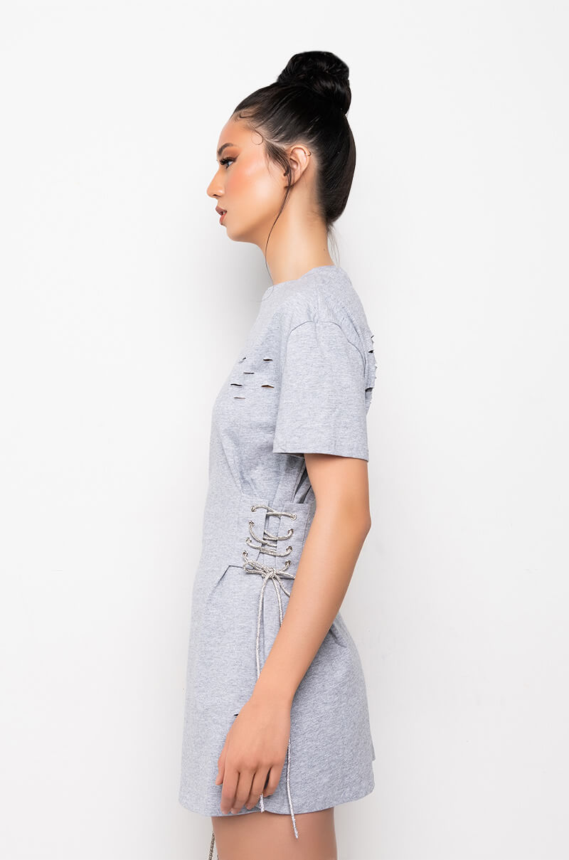 LACE UP RHINESTONE TSHIRT DRESS