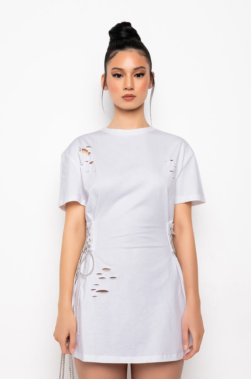 LACE UP RHINESTONE TSHIRT DRESS