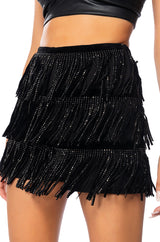 LATE AT NIGHT RHINESTONE EMBELLISHED FRINGE SHORT