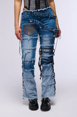 LAY LOW DISTRESSED DENIM FLARE PANT