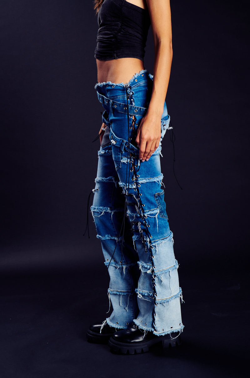 LAY LOW DISTRESSED DENIM FLARE PANT