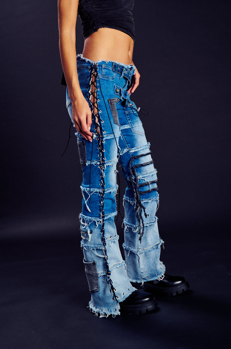 LAY LOW DISTRESSED DENIM FLARE PANT