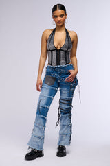 LAY LOW DISTRESSED DENIM FLARE PANT