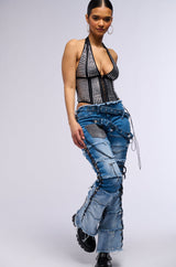 LAY LOW DISTRESSED DENIM FLARE PANT
