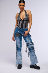 LAY LOW DISTRESSED DENIM FLARE PANT
