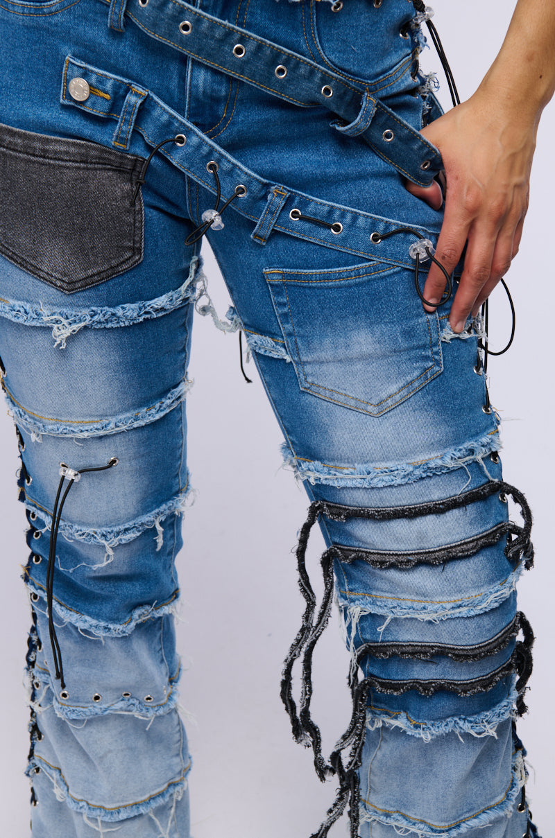 LAY LOW DISTRESSED DENIM FLARE PANT