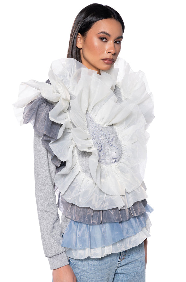 LAYERED TULLE FLOUNCE DETAIL SWEATSHIRT