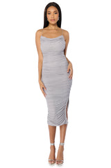 LENA RUCHED MESH MIDI DRESS IN GREY