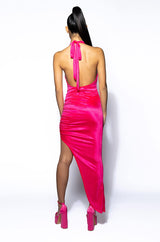 LENNIE ASYMMETRICAL HALTER MIDI DRESS