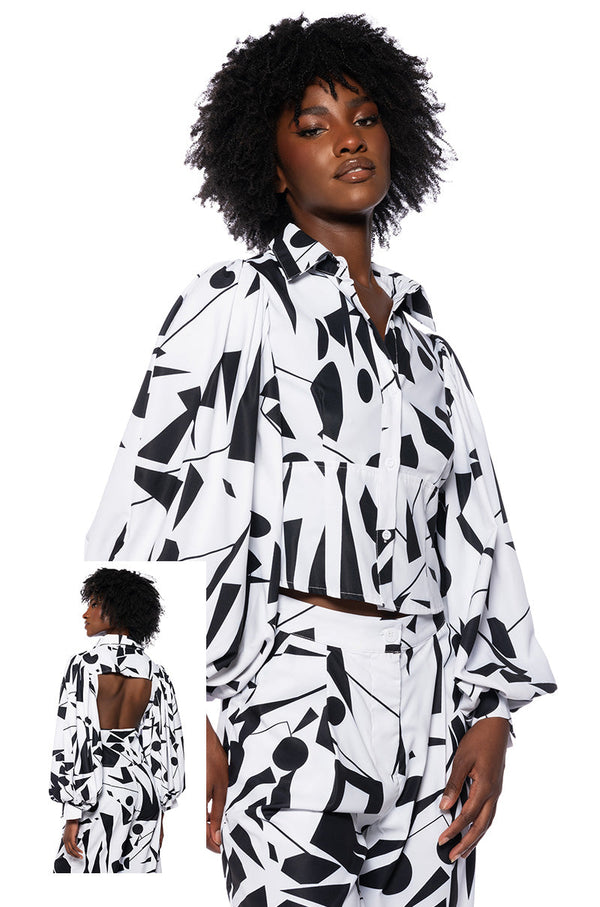 LENNON PRINTED PUFF SLEEVE BUTTON DOWN