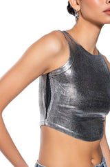 LEO SLEEVELESS CROPPED METALLIC TANK TOP