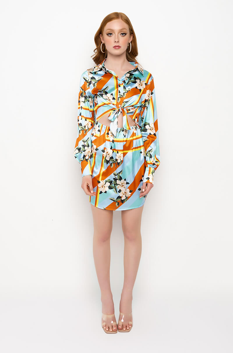 LET IT BE TIE FRONT MINI DRESS WITH CUT OUT
