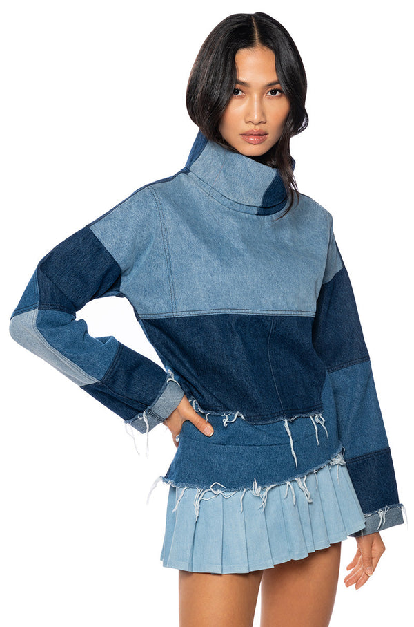 LIFT ME UP DENIM COLOR BLOCKED TOP