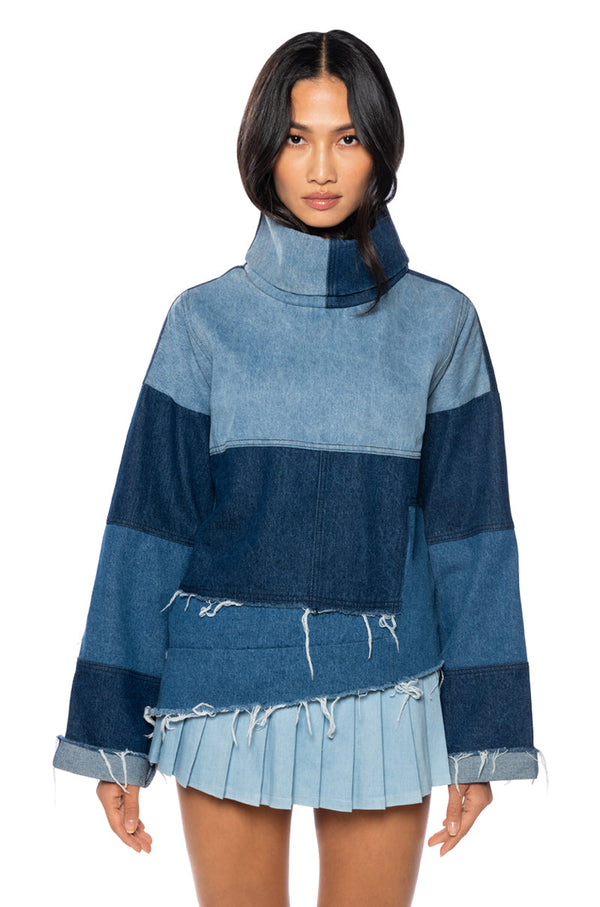 LIFT ME UP DENIM COLOR BLOCKED TOP