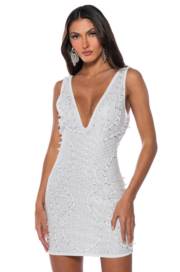 LIKE MAGIC EMBELLISHED DEEP V MINI DRESS
