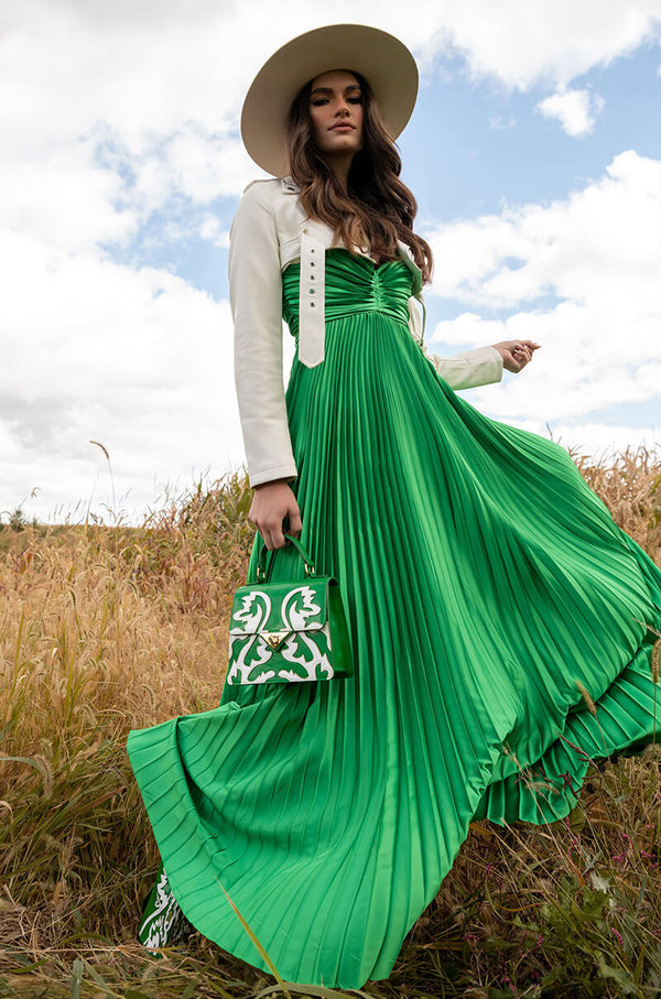 LILY PLEATED SATIN MAXI DRESS