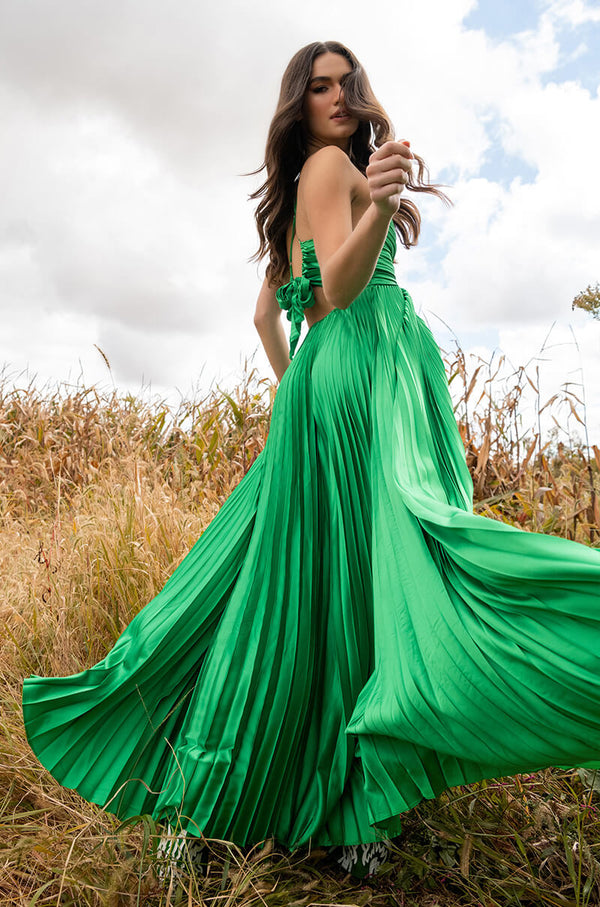 LILY PLEATED SATIN MAXI DRESS