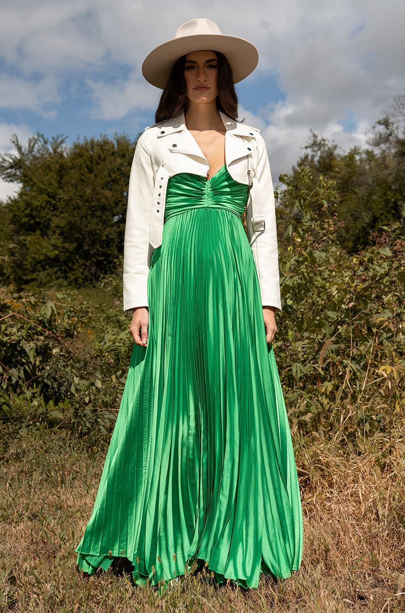 LILY PLEATED SATIN MAXI DRESS
