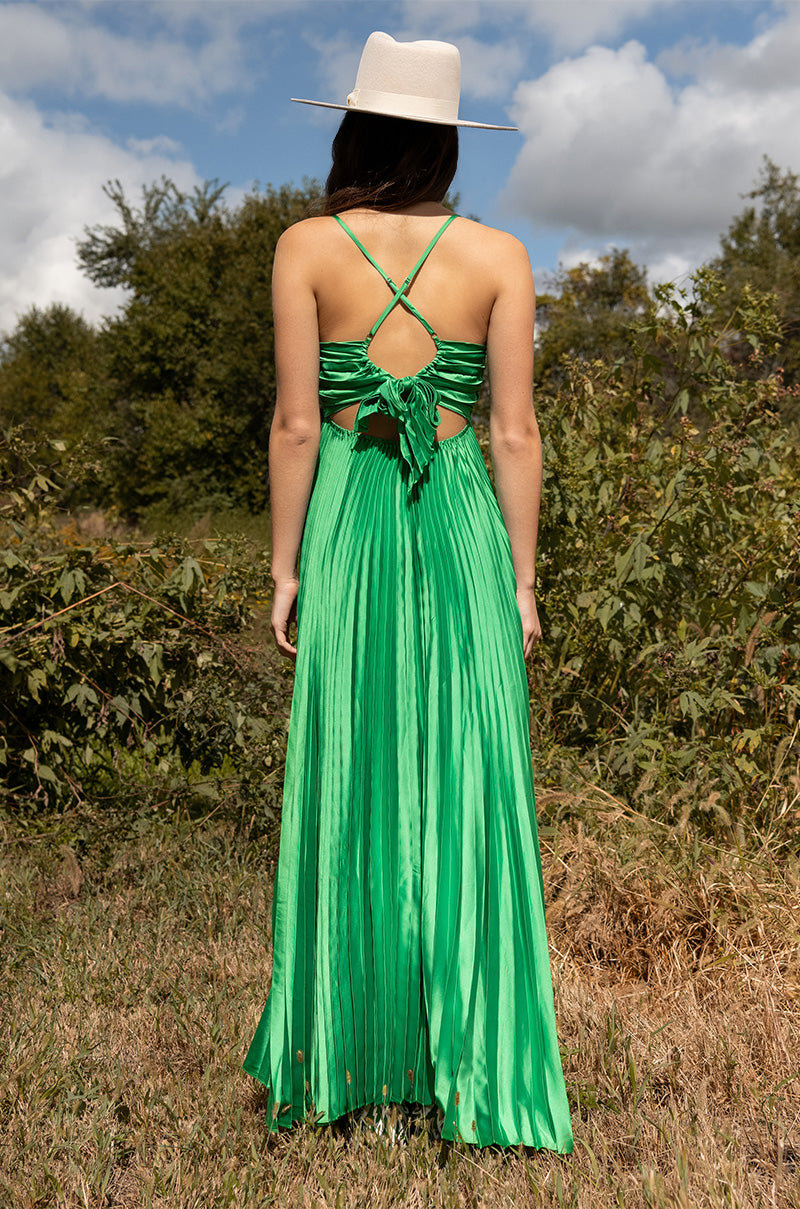 LILY PLEATED SATIN MAXI DRESS